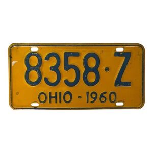Vintage 1960 Ohio License Plate Auto Car Tag Yellow Blue 8358-Z